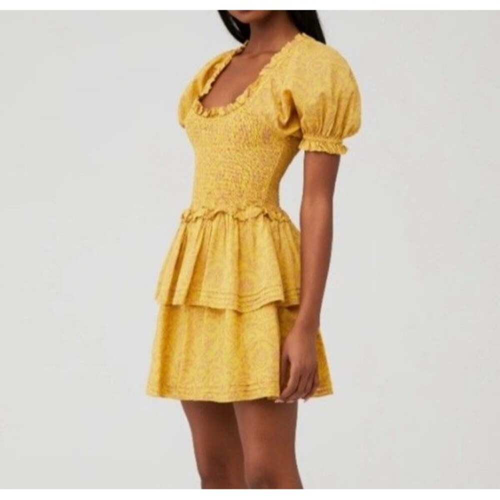 Cleobella Women’s Small Luna Mini Tiered Skirt Dress in Camellia Yellow Fall
